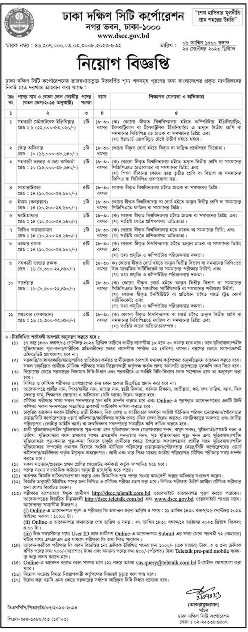 Dhaka Dokkhin City Corporation job circular 2023