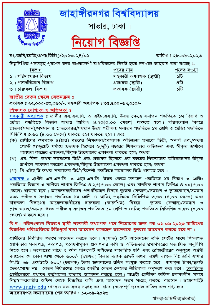 Jahangirnagar University job circular 2023 JU www.juniv.edu