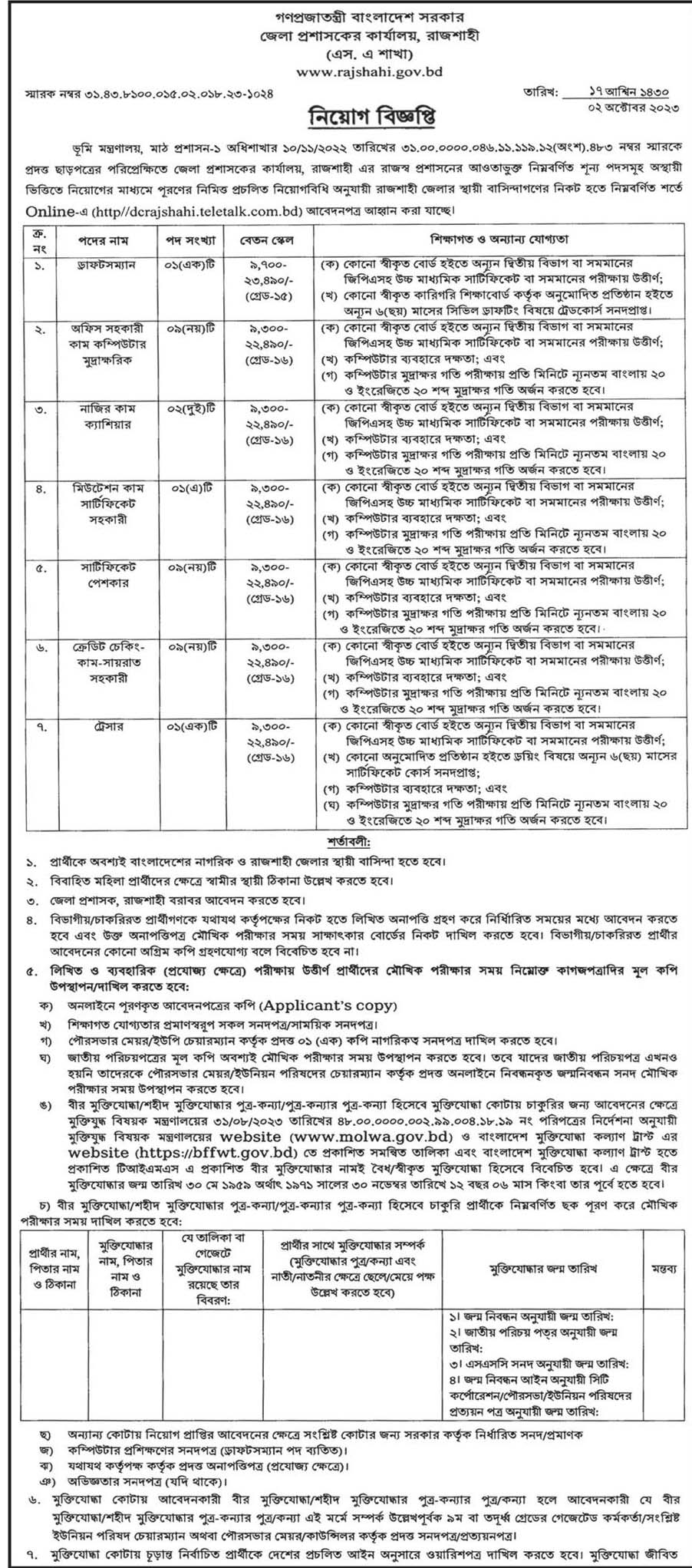 Rajshahi DC Office job circular 2023 PDF/Image