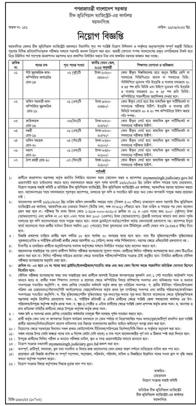 Mymensingh Chief Judicial Magistrate Office Job Circular 2023